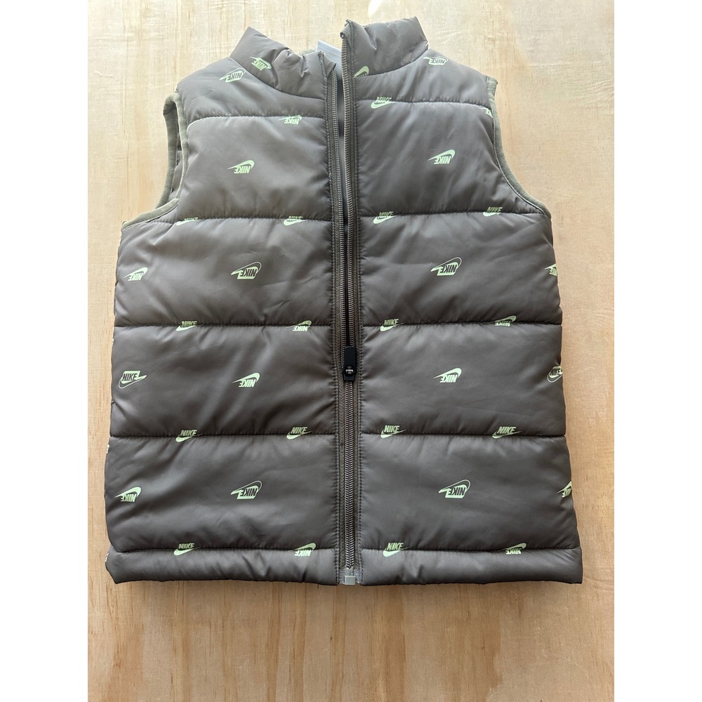 Nike Toddler Boys Puffer Vest 3T Brown Lime Green Logo Full Zip Fleece Lined